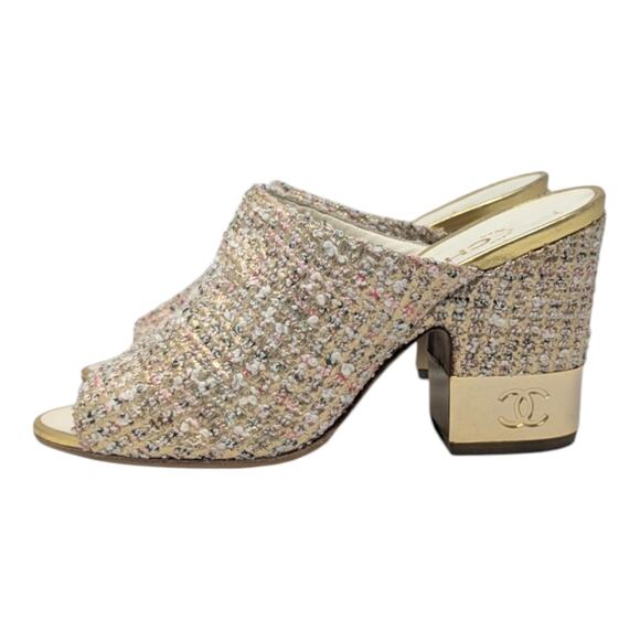 Chanel 2018 Mules Metallic Tweed Interlocking CC Logo Slide Neutral 37.5 - Picture 2 of 14